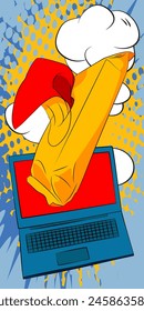 Cartoon-Laptop, Comic-Notebook mit Wet Wipe. Retro Vektorgrafik Comics Pop Art Design.