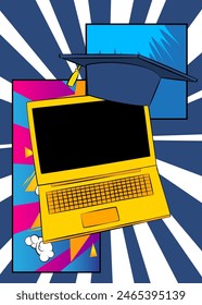 Cartoon-Laptop, Comic-Notebook mit Abschlussmütze. Retro Vektorgrafik Comics Pop Art Design.