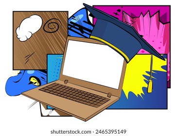Cartoon Laptop, comic book Notebook with Graduation Hat. Retro vector comics pop art design.