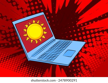 Cartoon-Laptop, Comic-Notebook mit Summer Sun. Retro-Vektorgrafik-Comics Pop-Art-Design.