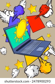 Cartoon Laptop, comic book Notebook with Summer Sun. Retro vector comics pop art design.