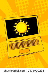 Cartoon Laptop, comic book Notebook with Summer Sun. Retro vector comics pop art design.