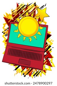 Cartoon Laptop, comic book Notebook with Summer Sun. Retro vector comics pop art design.