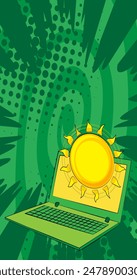 Cartoon Laptop, comic book Notebook with Summer Sun. Retro vector comics pop art design.