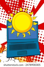 Cartoon Laptop, comic book Notebook with Summer Sun. Retro vector comics pop art design.
