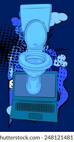Cartoon Laptop, comic book Notebook with Flush Toilet. Retro vector comics pop art design.