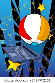 Cartoon Laptop, comic book Notebook with Beach Ball. Retro vector comics pop art design.