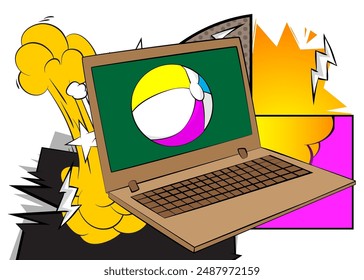 Cartoon Laptop, comic book Notebook with Beach Ball. Retro vector comics pop art design.