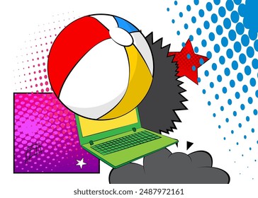 Cartoon Laptop, comic book Notebook with Beach Ball. Retro vector comics pop art design.