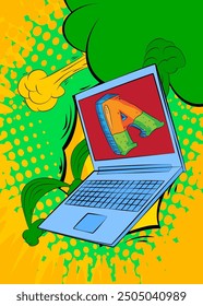 Cartoon Laptop, comic book Notebook with Letter A. Retro vector comics pop art design.
