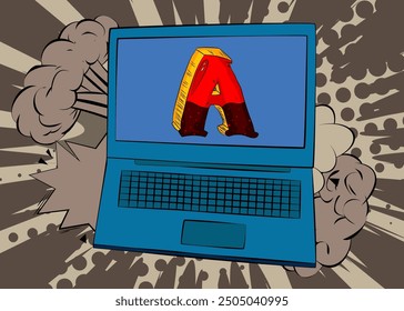 Cartoon Laptop, comic book Notebook with Letter A. Retro vector comics pop art design.