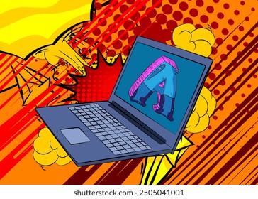 Cartoon Laptop, comic book Notebook with Letter A. Retro vector comics pop art design.