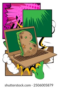 Cartoon Laptop, comic book Notebook with Letter B. Retro vector comics pop art design.