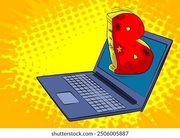 Cartoon Laptop, comic book Notebook with Letter B. Retro vector comics pop art design.