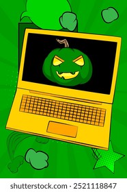 Laptop Desenho Animado, livro de quadrinhos Notebook com Halloween Jack O' Lantern Pumpkin. Quadrinhos vetoriais retrô com design de arte pop.