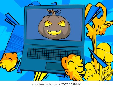 Laptop Desenho Animado, livro de quadrinhos Notebook com Halloween Jack O' Lantern Pumpkin. Quadrinhos vetoriais retrô com design de arte pop.