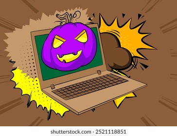 Laptop Desenho Animado, livro de quadrinhos Notebook com Halloween Jack O' Lantern Pumpkin. Quadrinhos vetoriais retrô com design de arte pop.