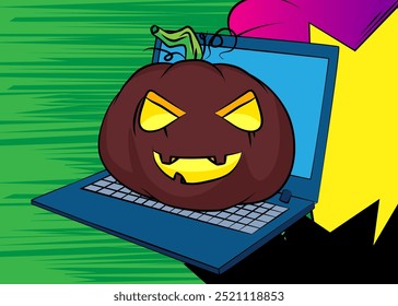 Laptop Desenho Animado, livro de quadrinhos Notebook com Halloween Jack O' Lantern Pumpkin. Quadrinhos vetoriais retrô com design de arte pop.