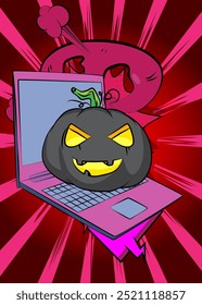 Laptop Desenho Animado, livro de quadrinhos Notebook com Halloween Jack O' Lantern Pumpkin. Quadrinhos vetoriais retrô com design de arte pop.