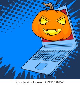 Laptop Desenho Animado, livro de quadrinhos Notebook com Halloween Jack O' Lantern Pumpkin. Quadrinhos vetoriais retrô com design de arte pop.