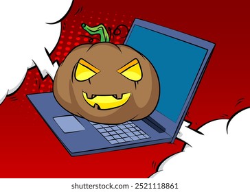 Laptop Desenho Animado, livro de quadrinhos Notebook com Halloween Jack O' Lantern Pumpkin. Quadrinhos vetoriais retrô com design de arte pop.