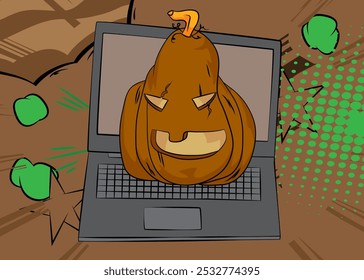 Laptop Desenho Animado, livro de quadrinhos Notebook com Halloween Jack O' Lantern Pumpkin. Quadrinhos vetoriais retrô com design de arte pop.