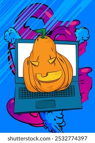 Laptop Desenho Animado, livro de quadrinhos Notebook com Halloween Jack O' Lantern Pumpkin. Quadrinhos vetoriais retrô com design de arte pop.