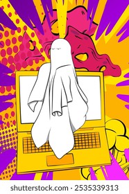 Cartoon Laptop, comic book Notebook with Ghost. Retro vector comics pop art design.