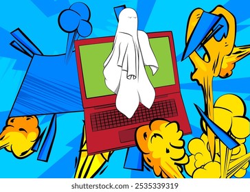 Portátil de dibujos animados, cuaderno de cómic con fantasma. Diseño de arte pop de cómics de Vector retro.