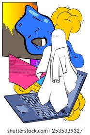 Cartoon Laptop, comic book Notebook with Ghost. Retro vector comics pop art design.