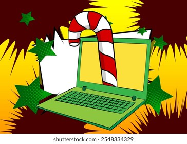 Cartoon Laptop, comic book Notebook with Candy cane. Retro vector comics pop art design.