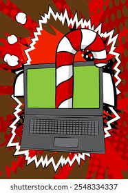 Cartoon Laptop, comic book Notebook with Candy cane. Retro vector comics pop art design.
