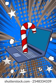 Cartoon Laptop, comic book Notebook with Candy cane. Retro vector comics pop art design.