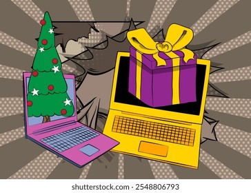 Portátil de dibujos animados, cuaderno de cómic con caja de regalo y Navidades decoradas de pino. Diseño de arte pop de cómics de Vector retro.