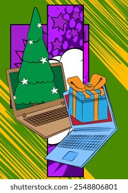 Portátil de dibujos animados, cuaderno de cómic con caja de regalo y Navidades decoradas de pino. Diseño de arte pop de cómics de Vector retro.