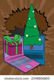 Laptop Desenho Animado, livro de quadrinhos Notebook com Caixa de Presente e pinheiro decorado de Natal. Quadrinhos vetoriais retrô com design de arte pop.