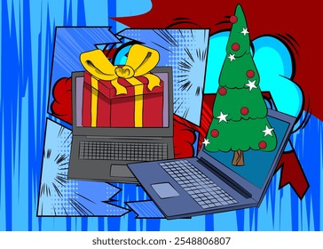 Portátil de dibujos animados, cuaderno de cómic con caja de regalo y Navidades decoradas de pino. Diseño de arte pop de cómics de Vector retro.