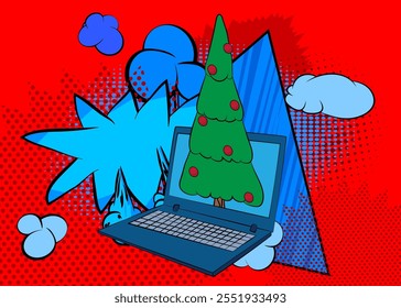 Cartoon Laptop, comic book Notebook with Christmas decorated pine tree. Retro vector comics pop art design.