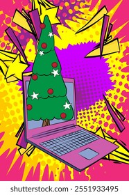 Cartoon Laptop, comic book Notebook with Christmas decorated pine tree. Retro vector comics pop art design.