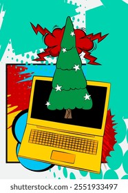 Cartoon Laptop, comic book Notebook with Christmas decorated pine tree. Retro vector comics pop art design.