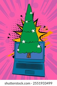 Portátil de dibujos animados, cuaderno de cómic con Navidades decoradas de pino. Diseño de arte pop de cómics de Vector retro.