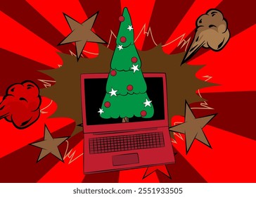 Cartoon Laptop, comic book Notebook with Christmas decorated pine tree. Retro vector comics pop art design.