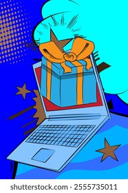 Cartoon Laptop, comic book Notebook with Gift Box Retro vector comics pop art design.