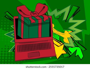 Cartoon Laptop, comic book Notebook with Gift Box Retro vector comics pop art design.