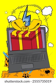 Cartoon Laptop, comic book Notebook with Gift Box Retro vector comics pop art design.