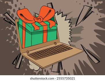 Cartoon Laptop, comic book Notebook with Gift Box Retro vector comics pop art design.
