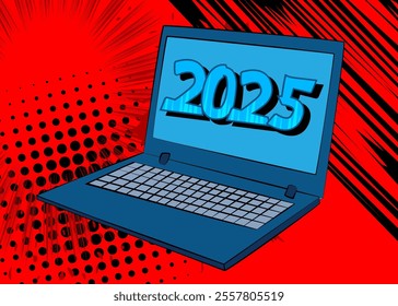 Cartoon Laptop, comic book Notebook with 2025. Retro vector comics pop art design.