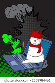 Cartoon Laptop, comic book Notebook with Snowman. Retro vector comics pop art design.