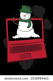 Cartoon Laptop, comic book Notebook with Snowman. Retro vector comics pop art design.
