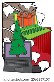 Cartoon Laptop, comic book Notebook with Gift Box and Christmas decorated pine tree. Retro vector comics pop art design.